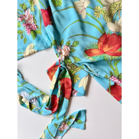 NWOT NATORI Turquoise Blue Floral Matte Satin Kimono Robe, Size M - Picture 8 of 13